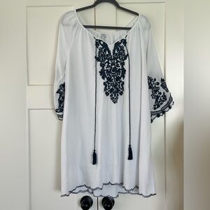 C/C Chic Connection Embroidered beach Tunic Dress coverup Cotton White Navy 2X